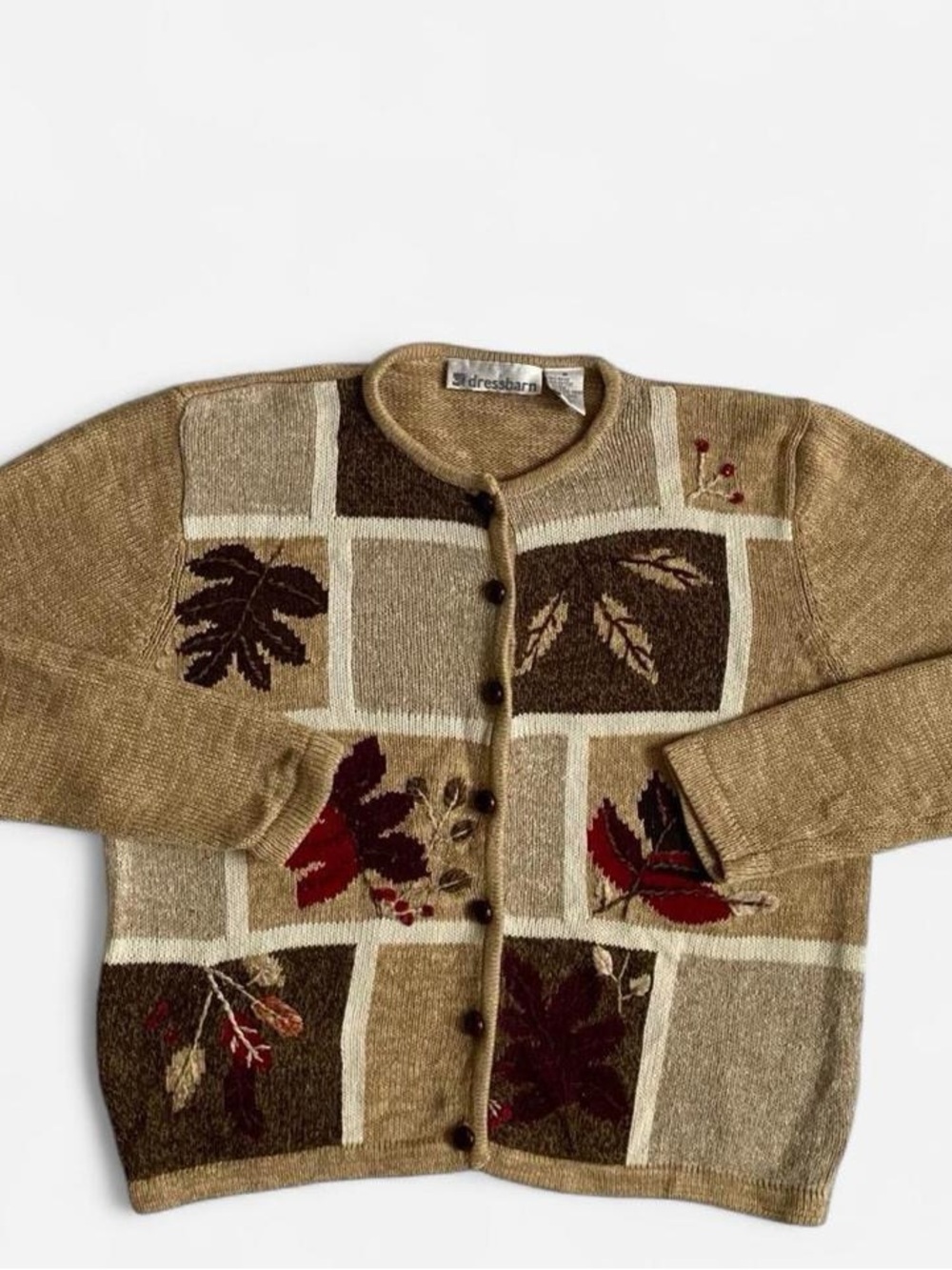 Vintage Tan Patchwork Leafy Cardigan Sweater